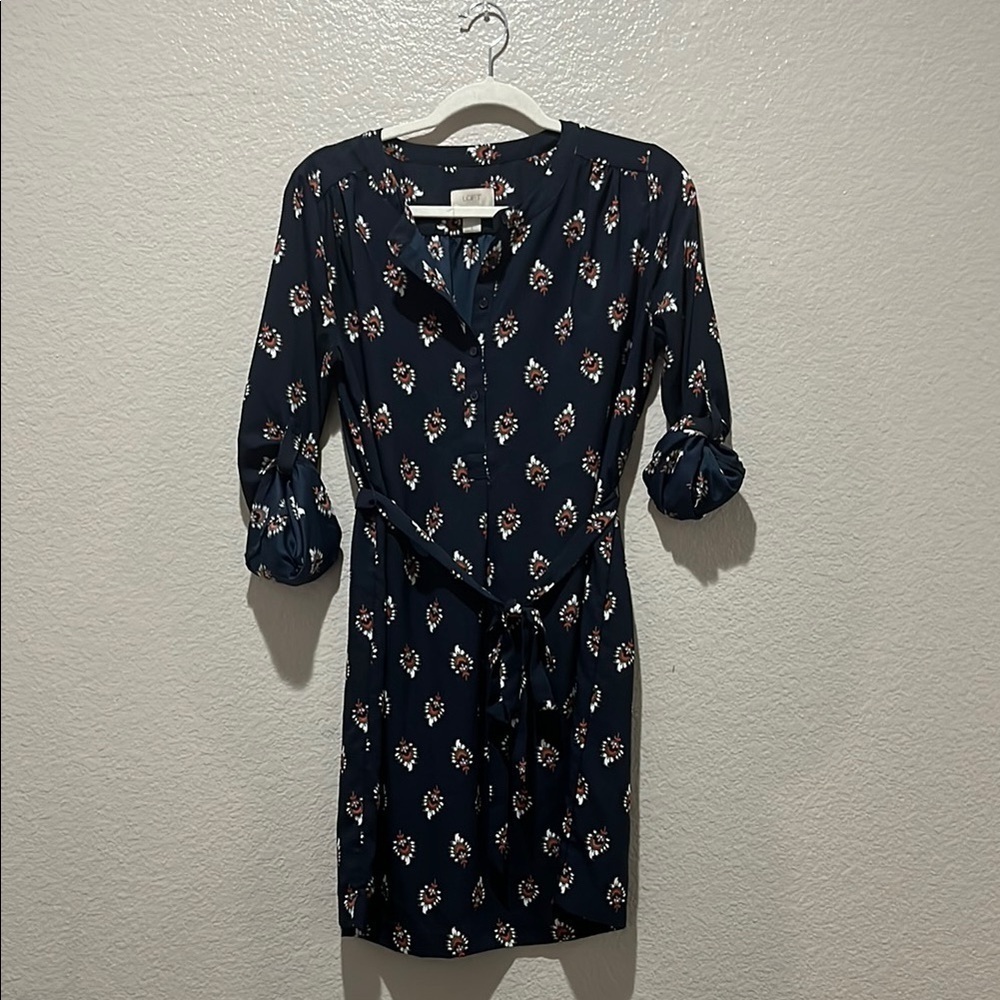 LOFT Floral Navy Dress Mini Size Small Boho Long Sleeve Casual Business TC0440